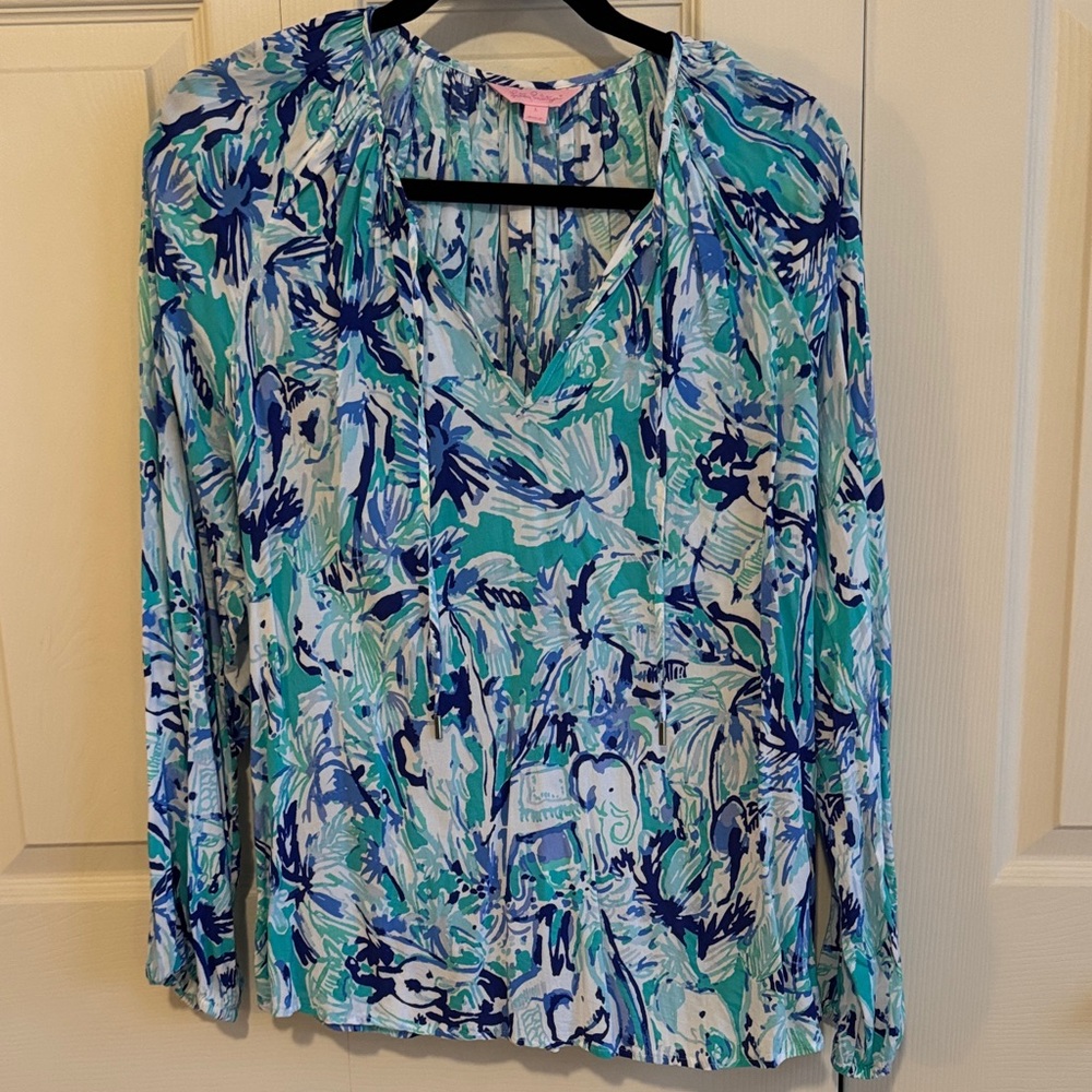Lilly Pulitzer Teal and Navy Patterned Blouse